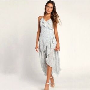Lulus Dainty Delights Light Blue Floral Print Ruffled Wrap Midi Dress Size L